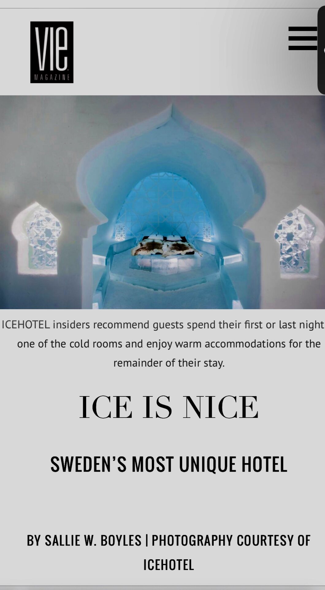 A picture of an ice hotel with text.